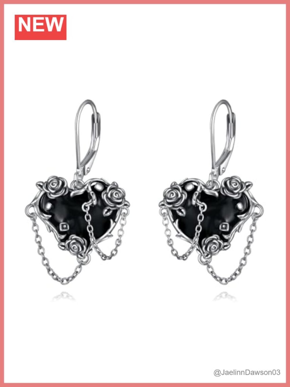925 Sterling Silver Black Rose Heart Drop Dangle Earrings Gothic Jewelry